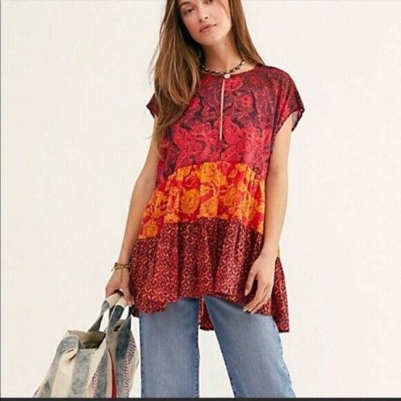 FREE PEOPLE Gotta Have You Mixed Print Cotton Tunic Top Boho Size Small - Picture 4 of 9